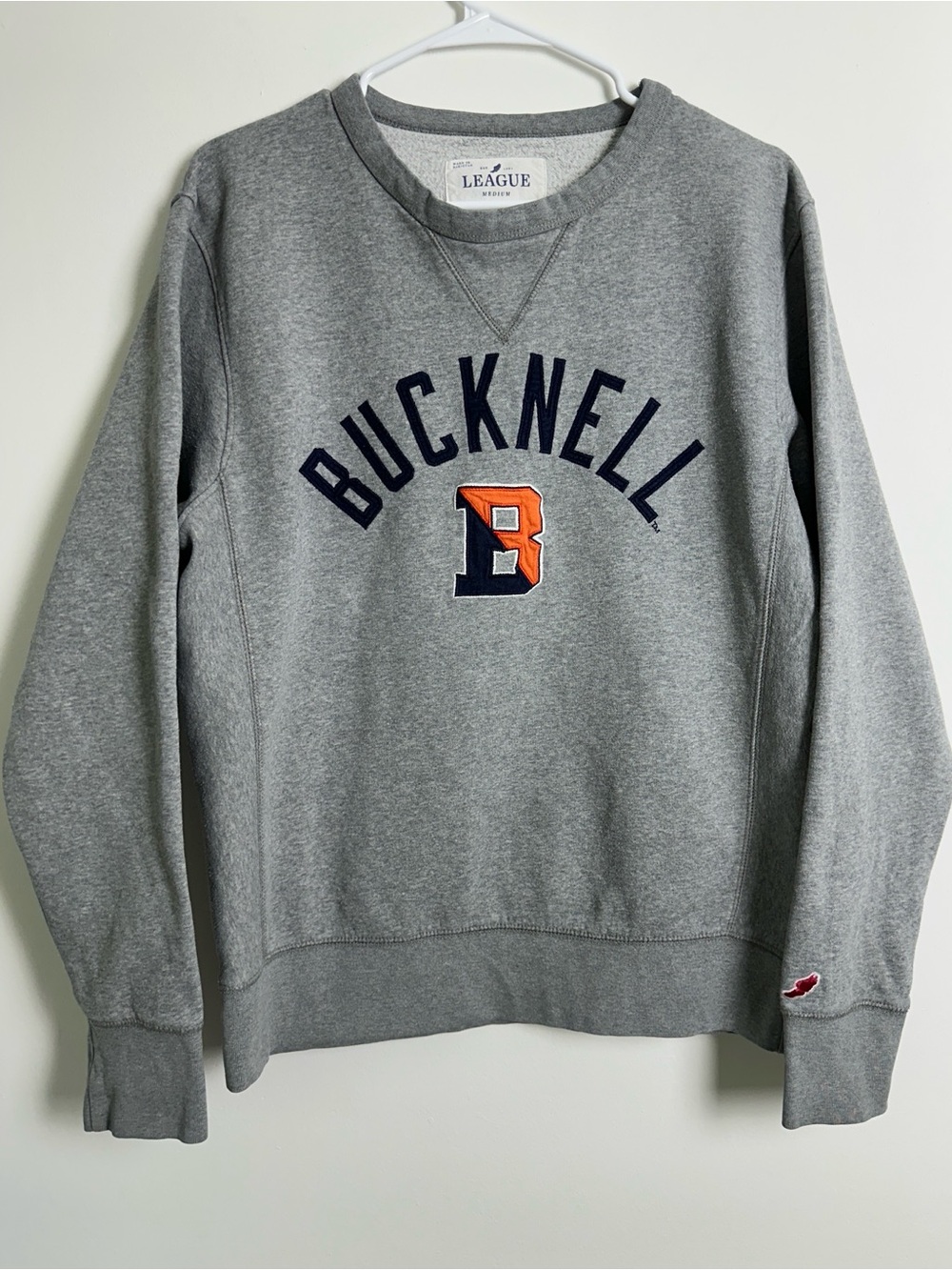League Gray Bucknell Crewneck Sweatshirt with Navy & Orange Logo